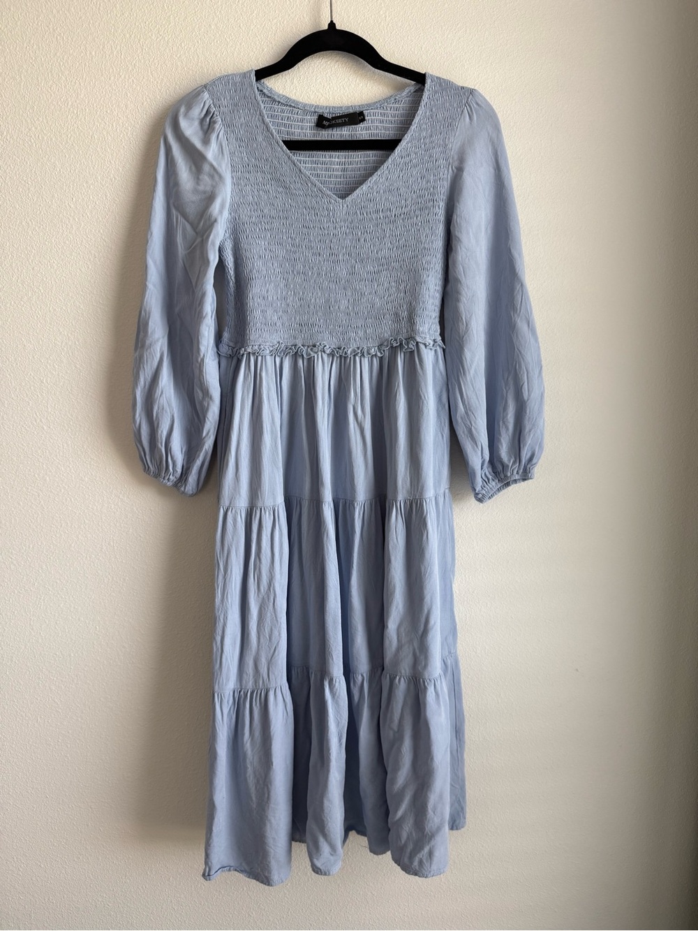 Smocked V-Neck Light Blue Tiered Midi Dress